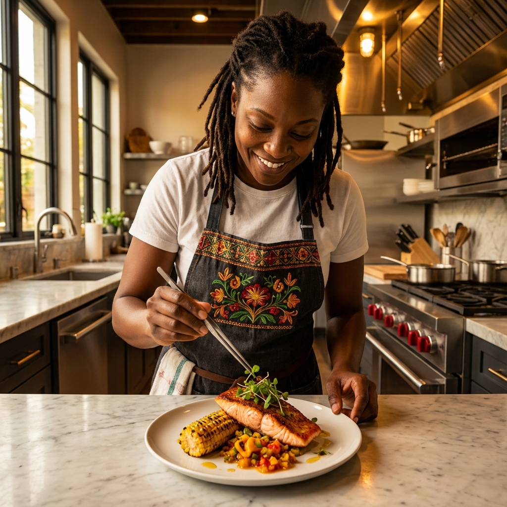 Chef Malik J. plating a signature dish